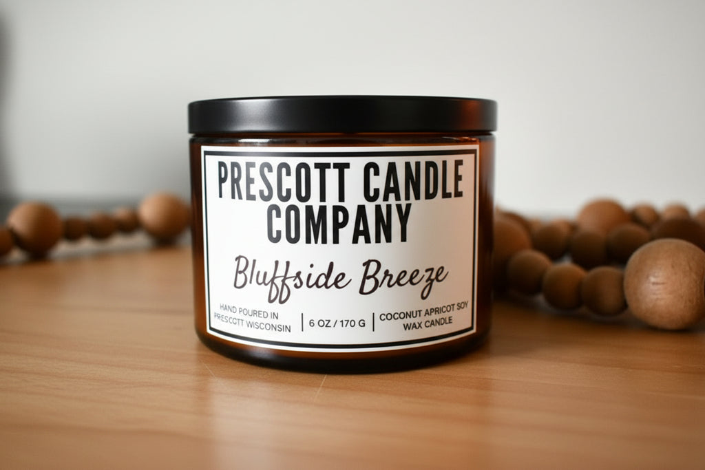 Candle from Prescott Candle Company labeled 'Bluffside Breeze' on a dark surface with a blurred background.